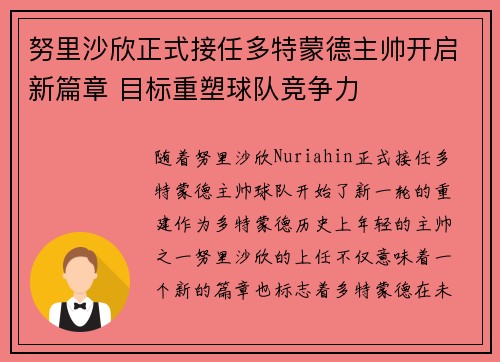 努里沙欣正式接任多特蒙德主帅开启新篇章 目标重塑球队竞争力